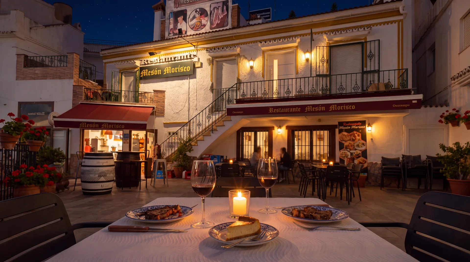 La terraza de Mesón Morisco de noche, con velas y tarta de queso